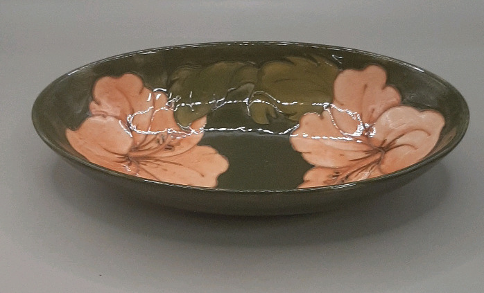 Vintage Moorcroft 9" Coral Hibiscus Oval Bowl