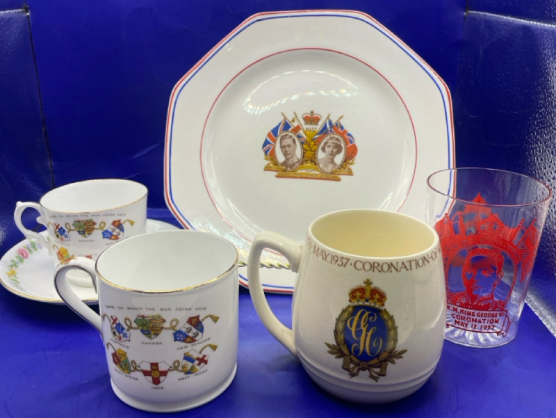 Vintage King George VI Coronation Commemorative 9" Plate Tea Cup Mug Glass Pottery Mug