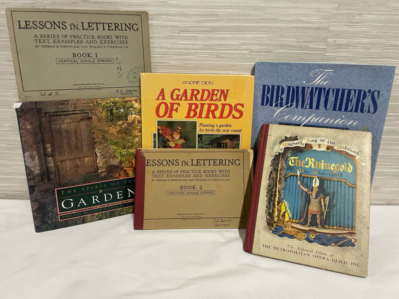 Book lot including Birdwatching, Lessons in Lettering and Wagner ring of the Nibelung