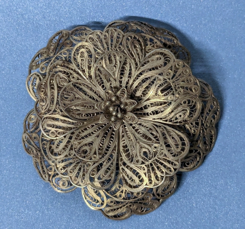 Vintage Silver Filigree Flower Brooch 2.5" Wide