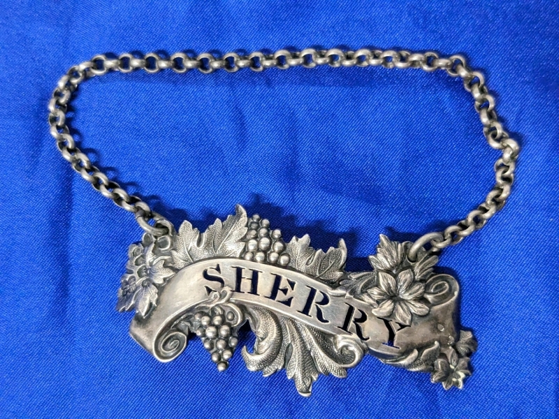 English Sterling Silver " Sherry " Label by Edward Barnard, London 1840 2.5" x 1" (not incl Chain)