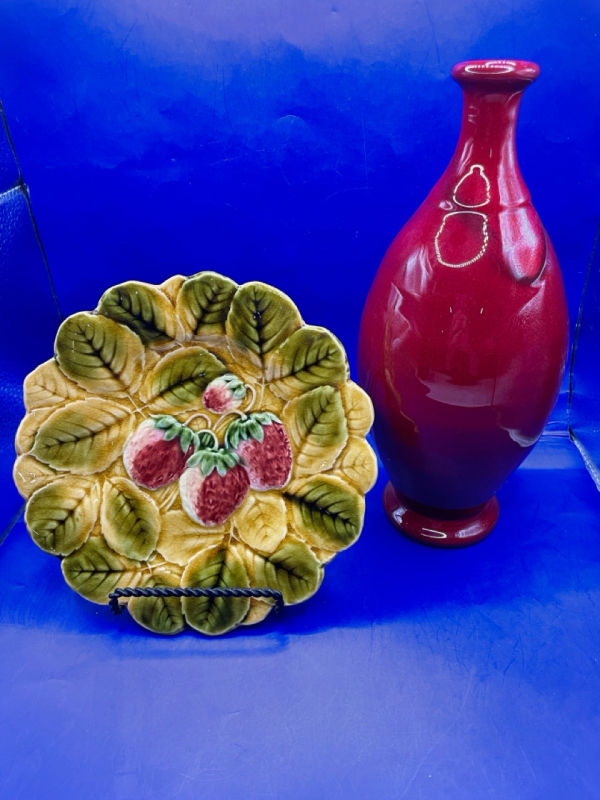 French 8" Plate with strawberries and handmade pottery 11" vase