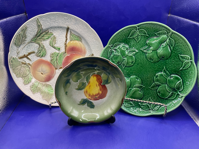 Antique English majolica plate with pears and dish with pears and plate with peaches