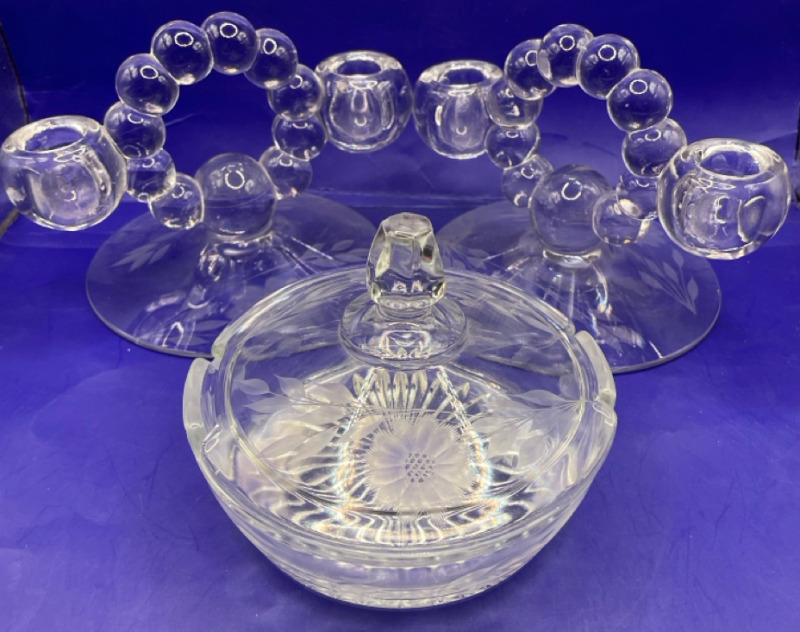 Hughes covered candy dish and two twin light candle holders