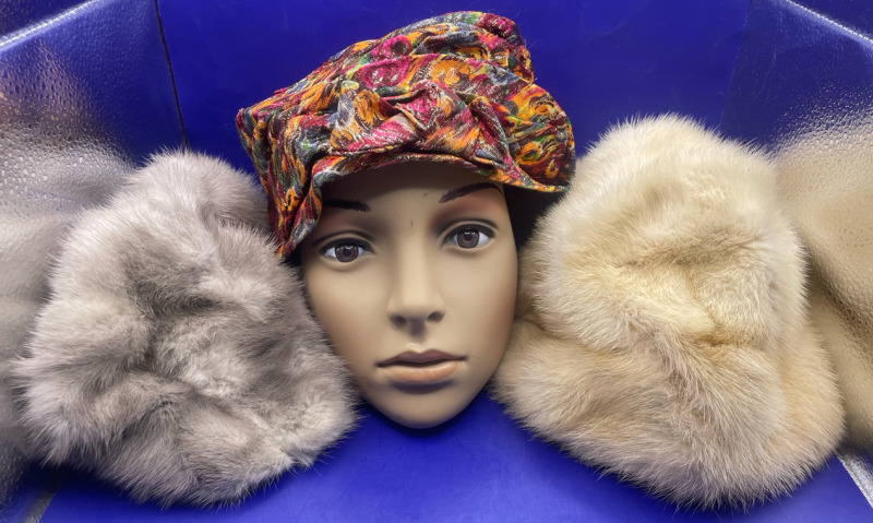 Vintage blonde mink fur hat and vintage grey mink fur hat and vintage multicolor hat with gold thread