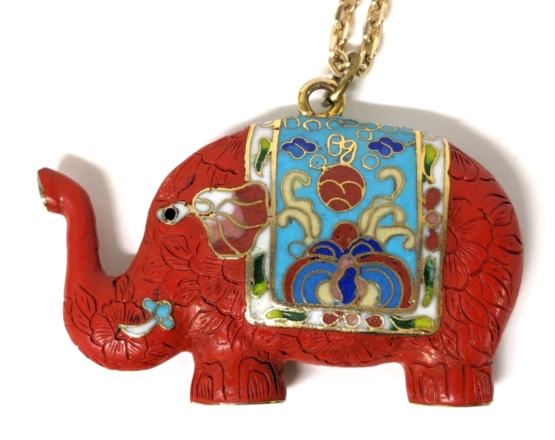 Cloissone & Cinnabar Elephant Pendant 3" x 1.5" on 24" Gold Tone Chain