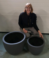 2 New Green Theory Fiberglass Bowl Planters - Matte Grey