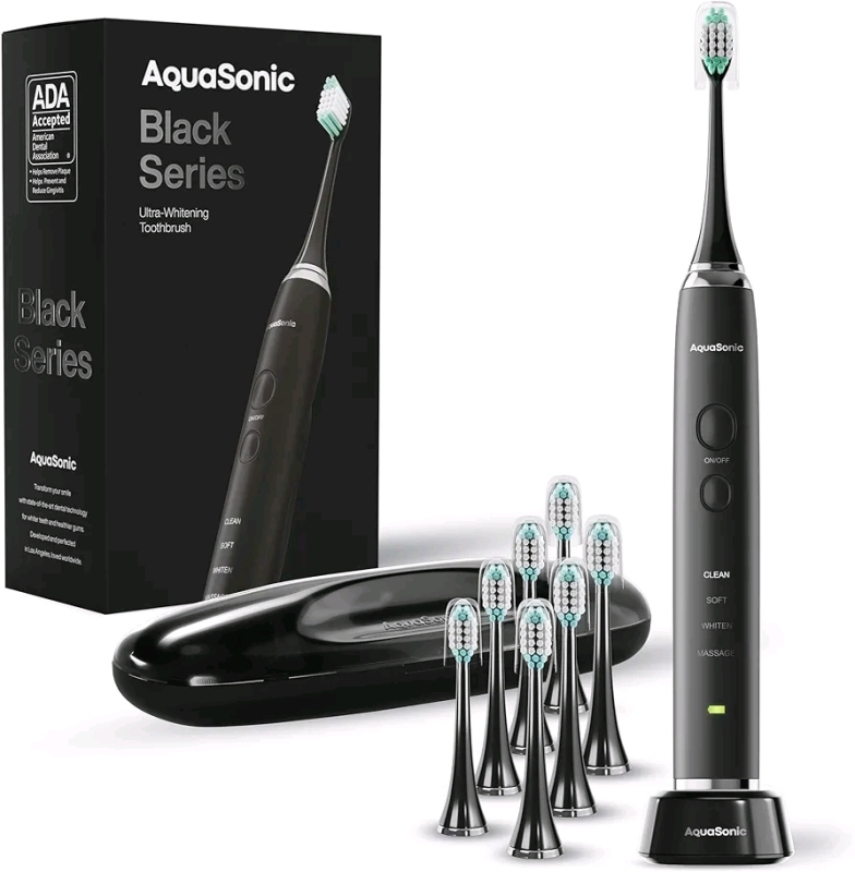 New AquaSonic Black Series Ultra Whitening Toothbrush. 8 Brush Heads & Travel Case