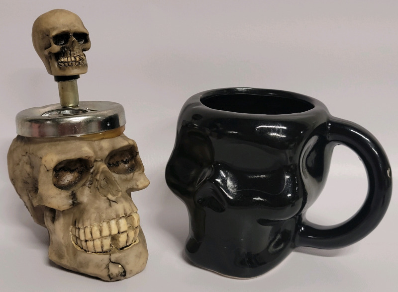 Skull Push-Down Ashtray & Ceramic Skull mug