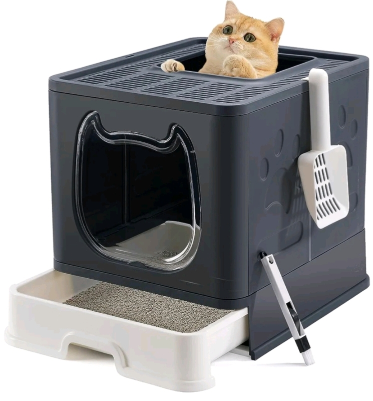 New - Foldable Kitten Litter Box with Lid Top Enter Litter Boxes Covered Cat Litter Pan