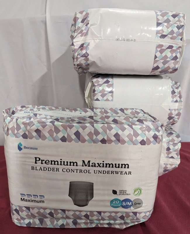 80 New Because Premium Maximum Bladder Control Underwear. S/M (4 Packs of 20)