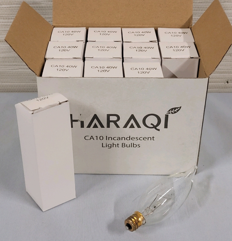 New - Haraqi 40W CA10 B10 Flame Tip Clear Light Bulbs . 12 Pack