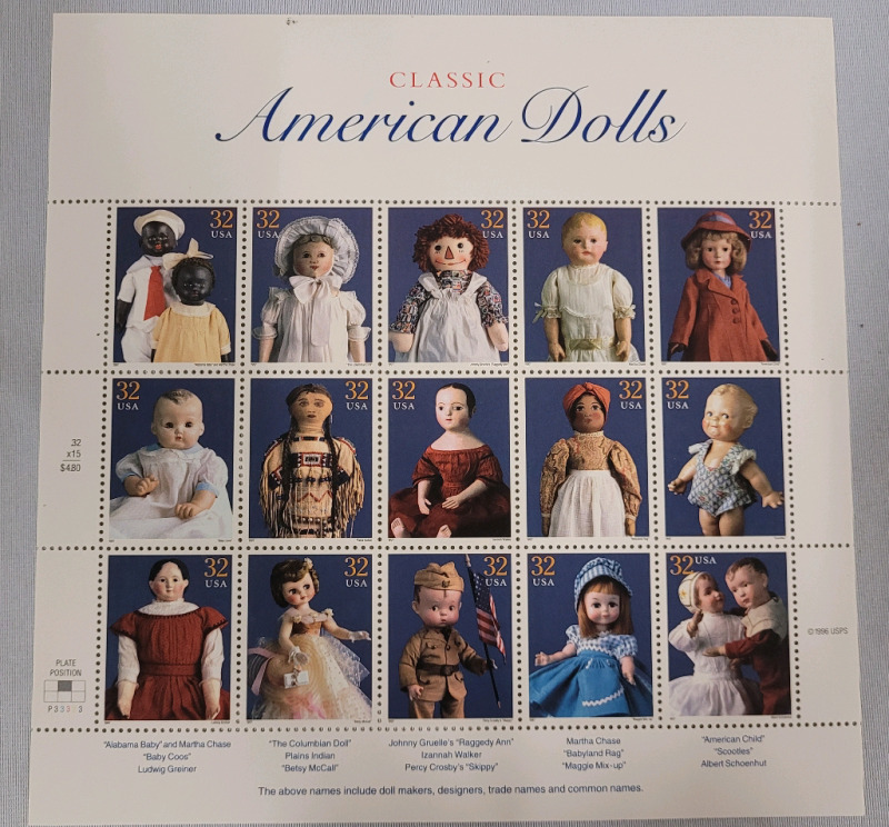 1996 US Postal ' Classic American Dolls ' Stamp Sheet , 32 Cent Stamps