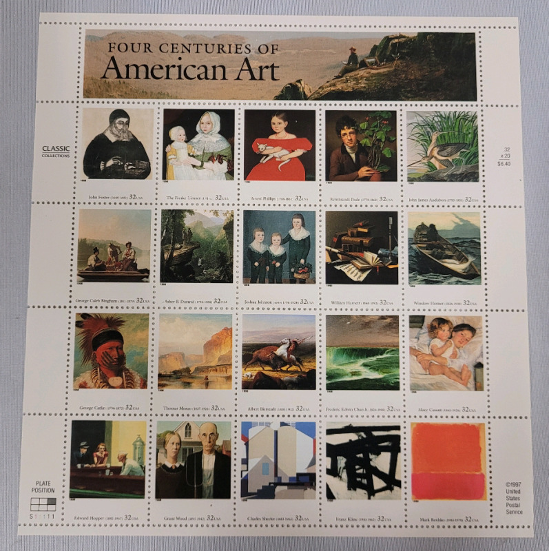 1997 US Postal ' Four Centuries of American Art ' Stamp Sheet , 32 Cent Stamps