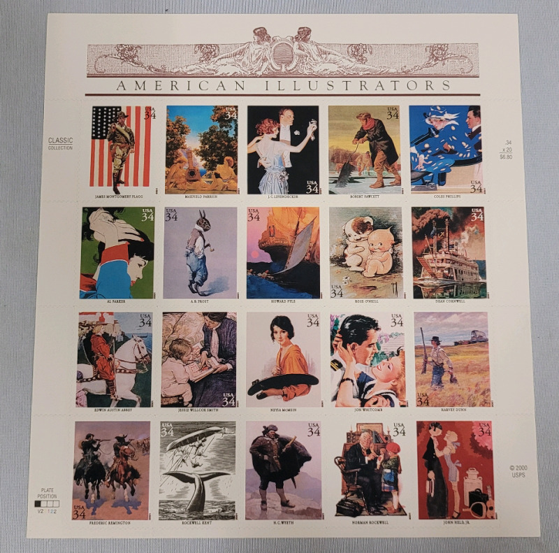 2000 US Postal ' American Illustrators ' Stamp Sheet , 34 Cent Stamps