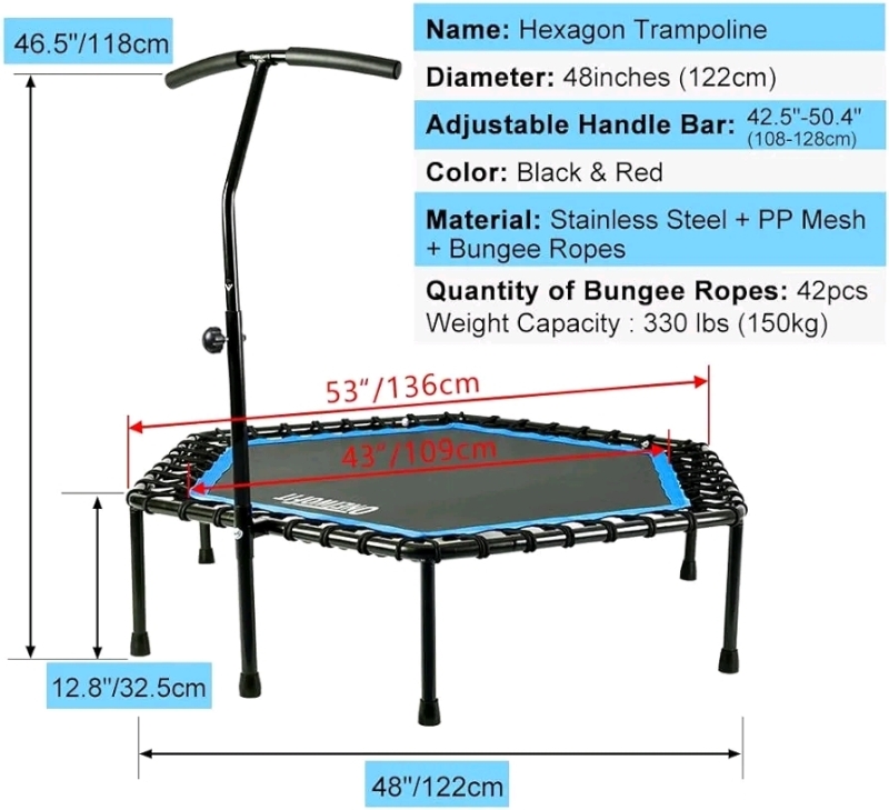 ONETWOFIT 48" Silent Mini Trampoline with Adjustable Handle Bar