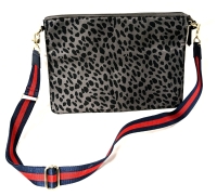 Stella and Dot Thin Profile Leopard Print Lady Boss Bag 15" x 10.5" w Navy + Red Crossbody Strap