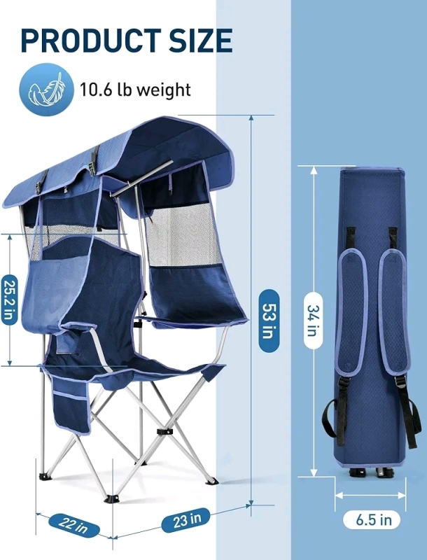 New Docusvect Beach Chair with Shade Canopy - Blue Supports 330lbs