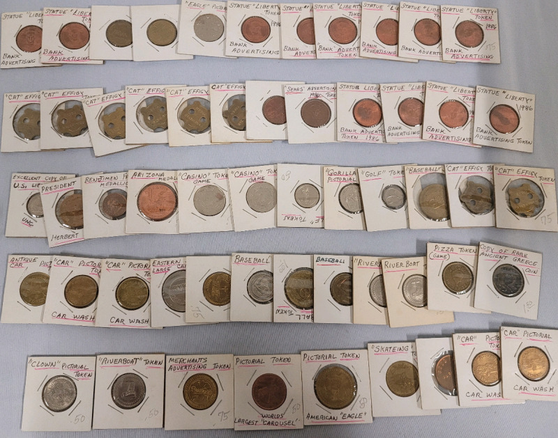 Vintage Merchant & Entertainment Coin Token Lot . 50+ Tokens in 2&times;2 Coin Holders