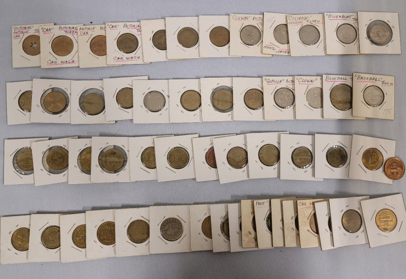Vintage Merchant & Entertainment Coin Token Lot . 50+ Tokens in 2&times;2 Coin Holders