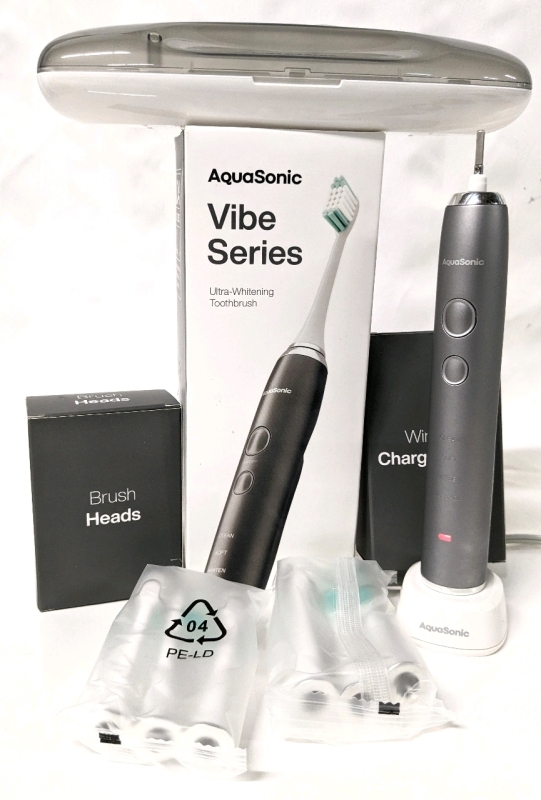 AquaSonic Vibe Series Ultra Whitening Toothbrush w 6 Sealed Brush Heads, Charging Base & Carrying Case