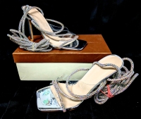 Like-New Ladies Size 7 Glittery High Heeled Shoes with Long Round Rhinestoned Leg Laces (3" Heels)