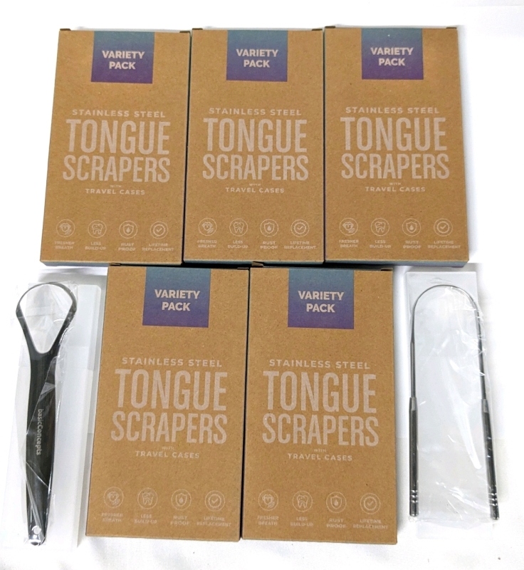 5 New Packs of Stainless Steel Tongue Scrapers with Travel Cases (2 Scrapers per Pack, 10 Scrapers Total)