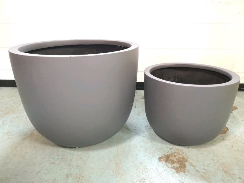 2 New Green Theory Small Fiberglass Planters - 15" & 11" Diameter