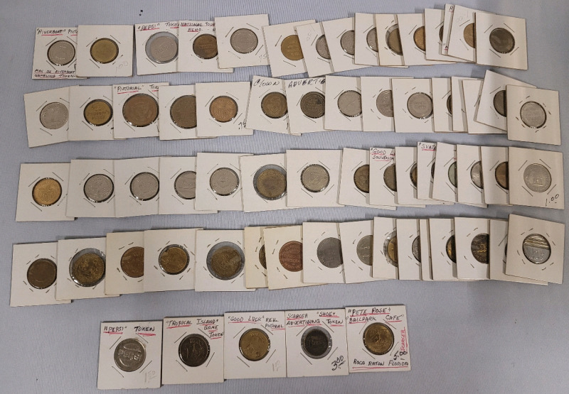 Vintage Merchant & Entertainment Coin Token Lot . 60+ Tokens in 2&times;2 Coin Holders