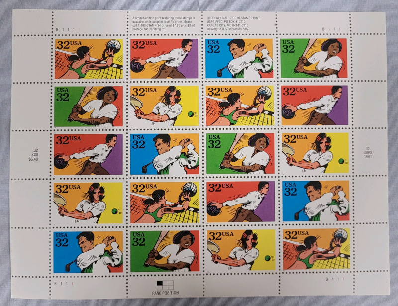 1994 US Postal ' Recreational Sports ' Stamp Sheet , 32 Cent Stamps