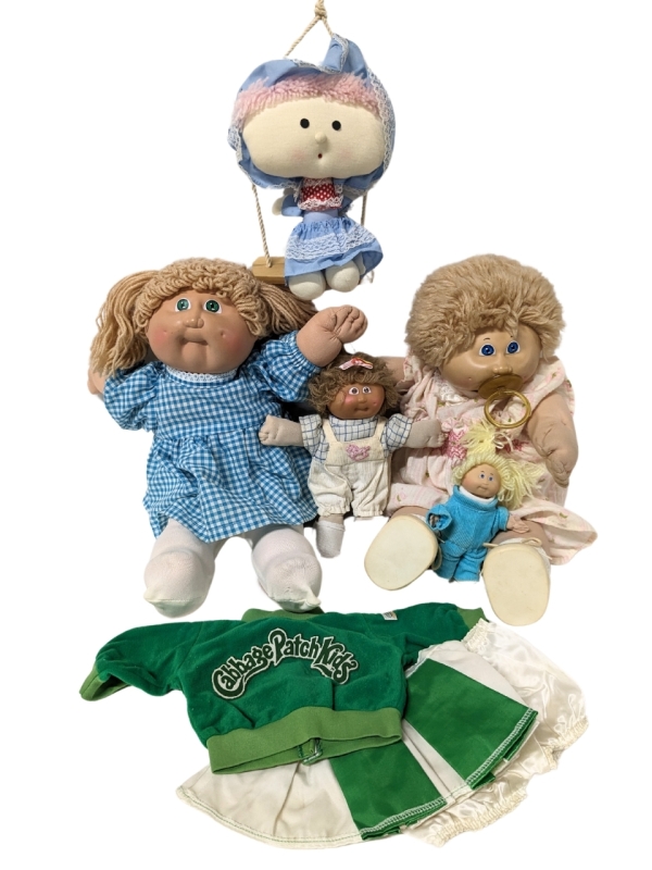 2 Vintage 1982 Cabbage Patch Kids 16" Dolls + Extra Cheer Outfit, 5" Mini Cabbage Patch Doll, 7" Off-Brand Doll & 7.5" Hanging/Swinging Doll