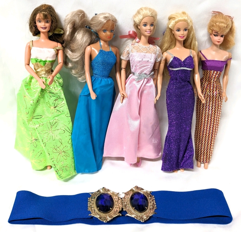 Vintage to Modern BARBIE, 1962 Midge & 12" Simba Fashion Doll All with Genuine Barbie Outfits + Neat Elastic Belt with Statement Faux Gem Magnetic Buckle (Size Small)