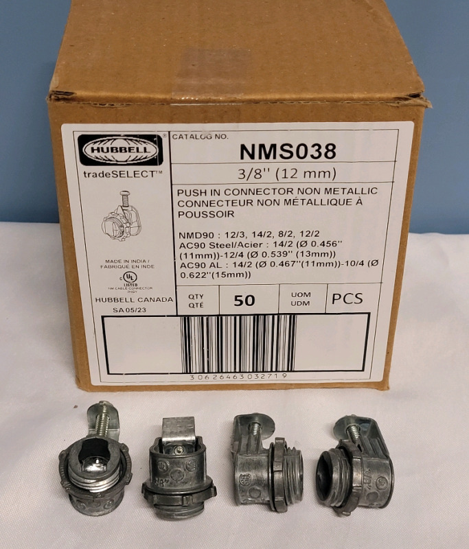New - Hubbell 3/8" Non-Metallic Sheathed Cable Connector . 50ct. Box