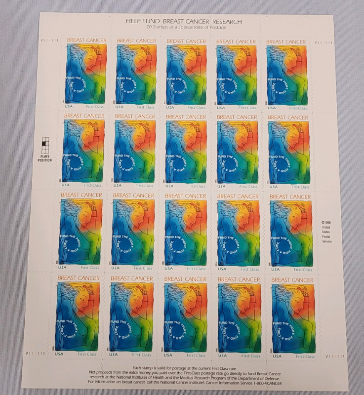 1998 US Postal ' Breast Cancer Research ' Stamp Sheet , First Class Postage Stamps