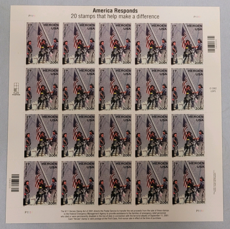 2001 US Postal ' America Responds ' Stamp Sheet , First Class Postage Stamps