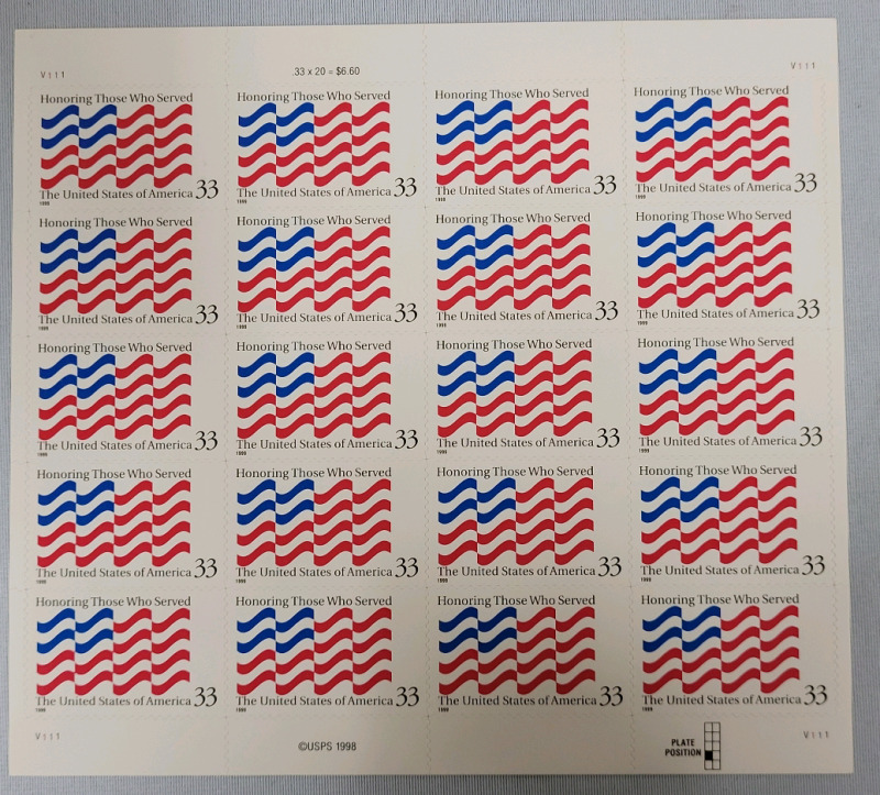 1998 US Postal ' Honoring Those Who Served ' Stamp Sheet , 33 Cent Postage Stamps