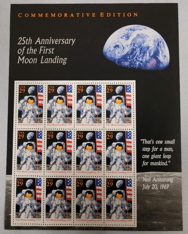 1994 US Postal ' First Moon Landing , 1969 ' Stamp Sheet , 29 Cent Postage Stamps