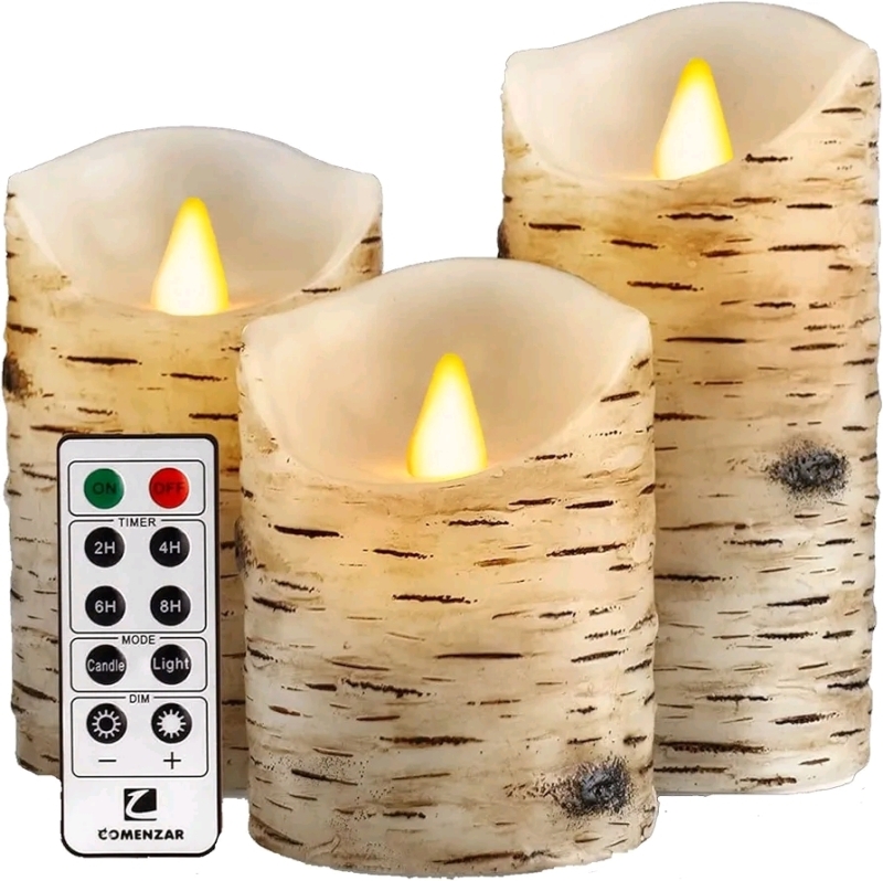 New Comenzar Flameless LED Birch Bark Candles. 3 Pack. 6" Tallest Candle.