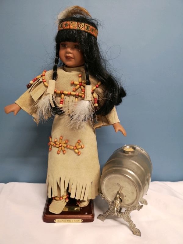 Vintage Metal Barrel & Maple North Doll on Stand