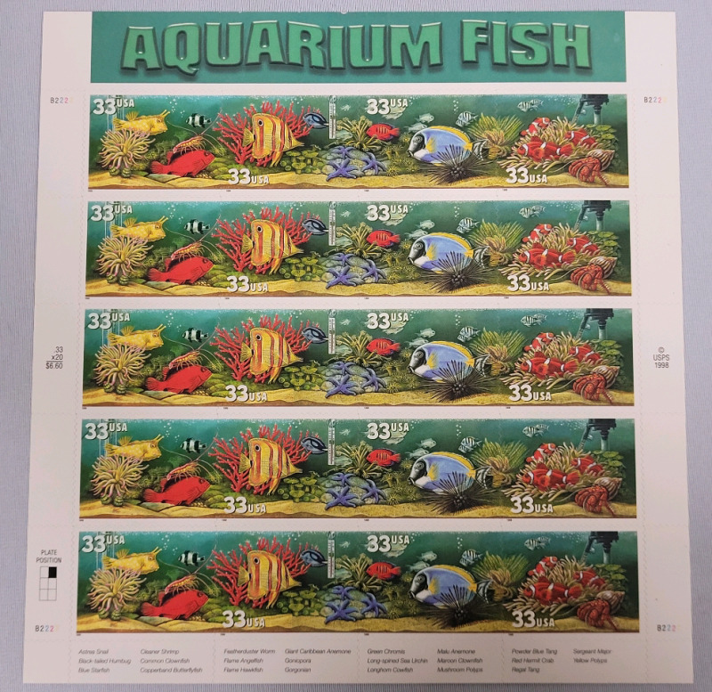 1998 US Postal ' Aquarium Fish ' Stamp Sheet . 33 Cent Postage Stamps