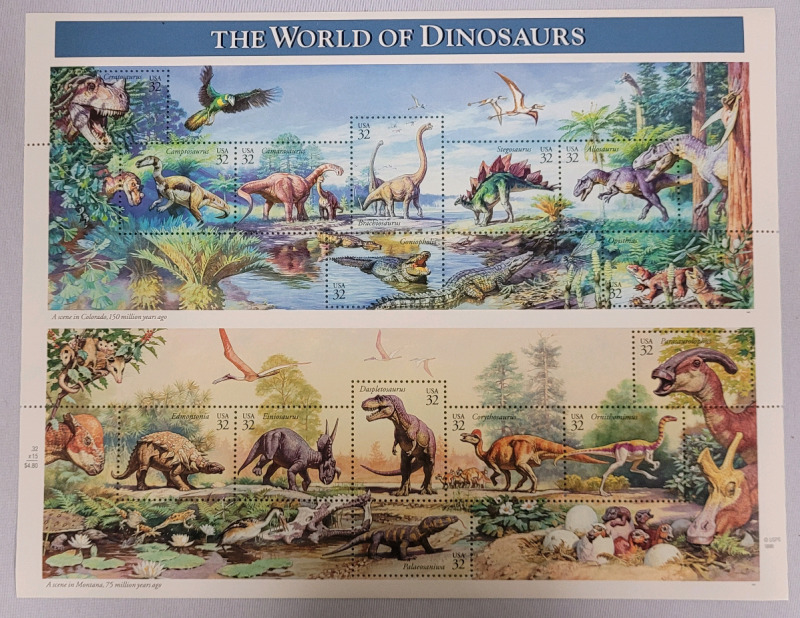 1996 US Postal ' The World of Dinosaurs ' Stamp Sheet . 32 Cent Postage Stamps