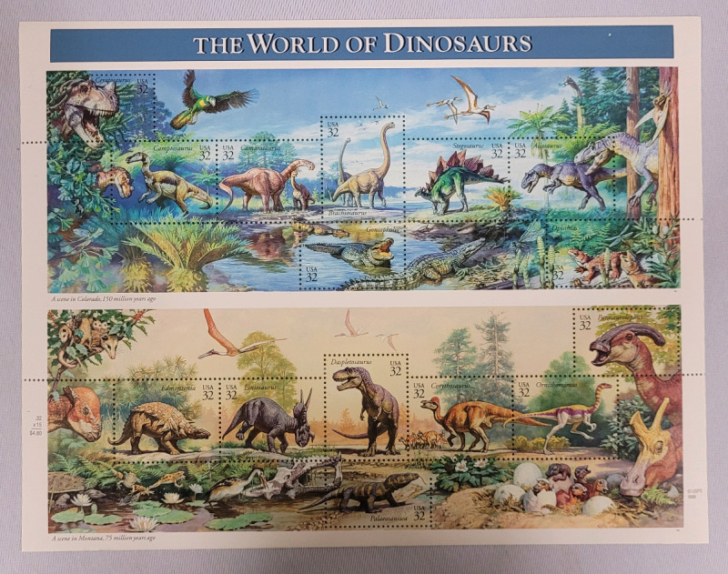 1996 US Postal ' The World of Dinosaurs ' Stamp Sheet . 32 Cent Postage Stamps