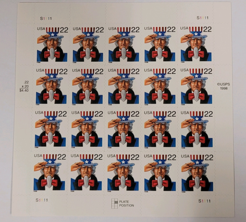 1998 US Postal ' Uncle Sam ' Stamp Sheet , 22 Cent Postage Stamps