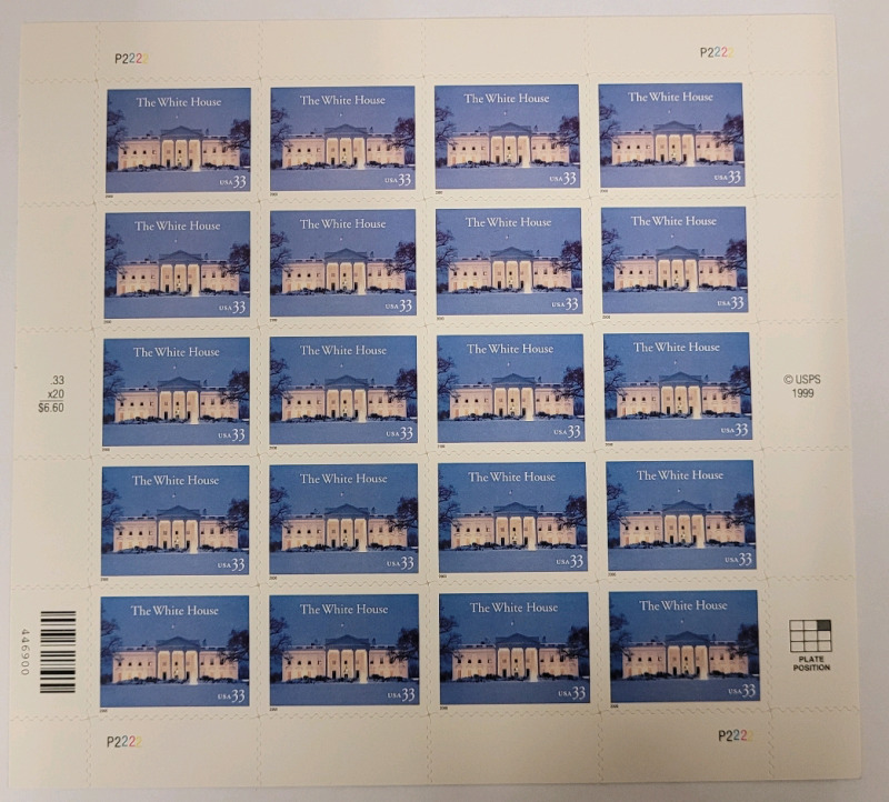 1999 US Postal ' The White House ' Stamp Sheet , 33 Cent Postage Stamps