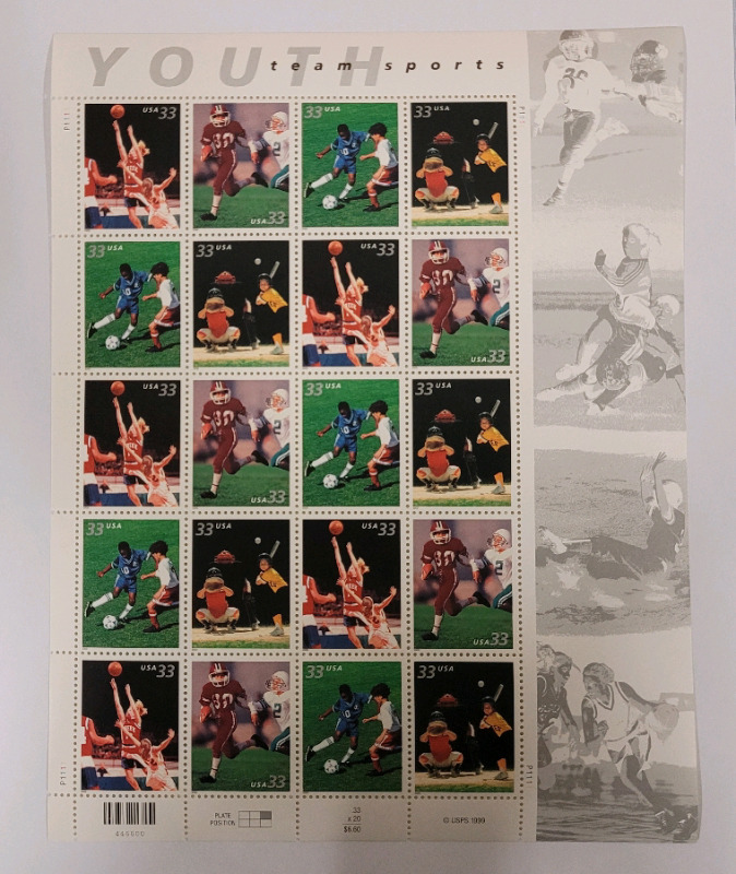 1999 US Postal ' Youth Team Sports ' Stamp Sheet , 33 Cent Postage Stamps