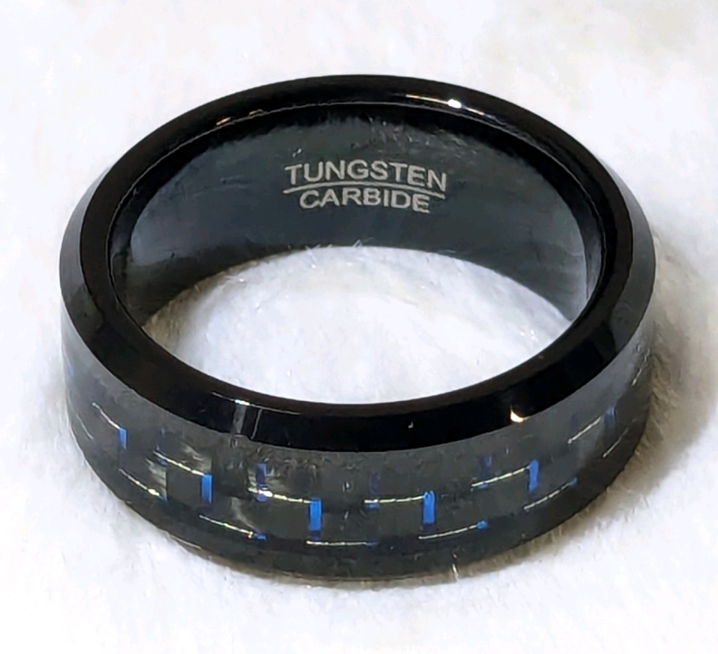 New! Men's Size 7.5 Black and Blue IP Tungsten Wedding Band / Wedding Ring w Ring Box