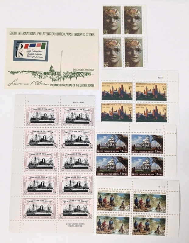 USPS Stamp Blocks : Fulbright Scholarships, Remember the Maine, Smithsonian, Irish Immigration, California Gold Rush & 1966 Philatelic Exhibition 5 Cent Oversized Stamp