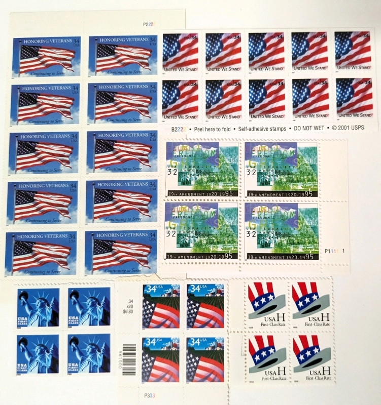 USPS Stamp Blocks : AMERICA Honoring Veterans, United We Stand, 19th Amendment, Statue of Liberty+