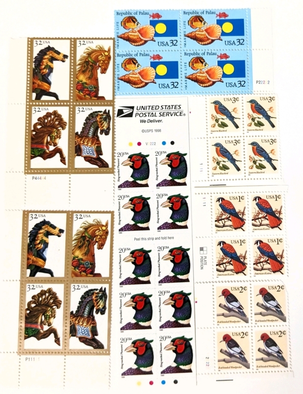 USPS Stamp Blocks : Carousel Horses, Republic of Palao Shells, Pheasants & Birds