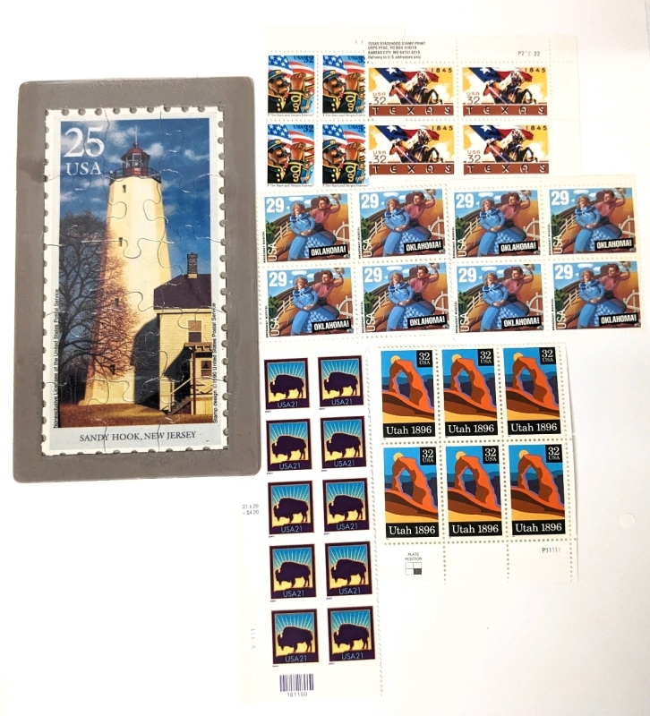 USPS Stamp Blocks & Sandy Hook Stamp Puzzle : Buffalo, Texas, Oklahoma, Utah